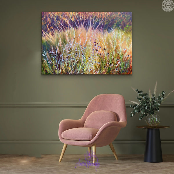 autumn garden border painting in moss green room with pink chair