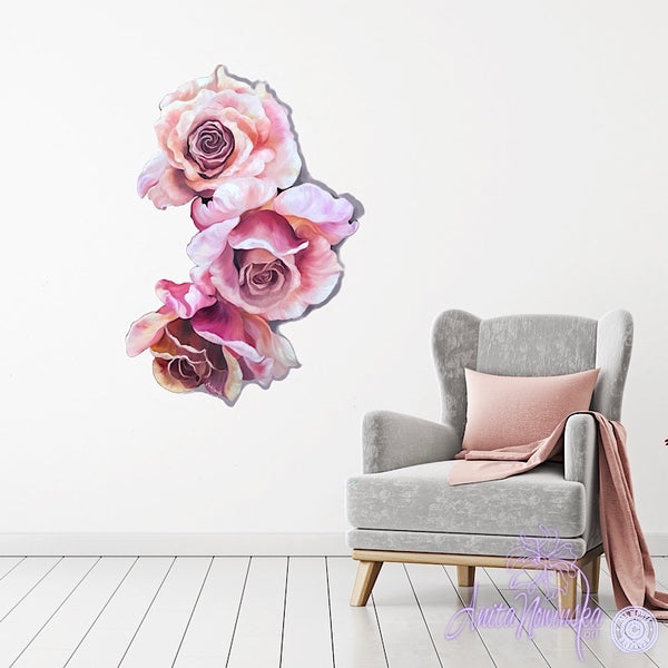 three pink, peach roses freeform floral wall Art Flower painting