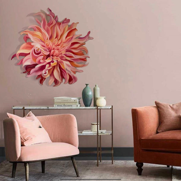 peach dahlia freeform flower painting. floral wall decor for interiors