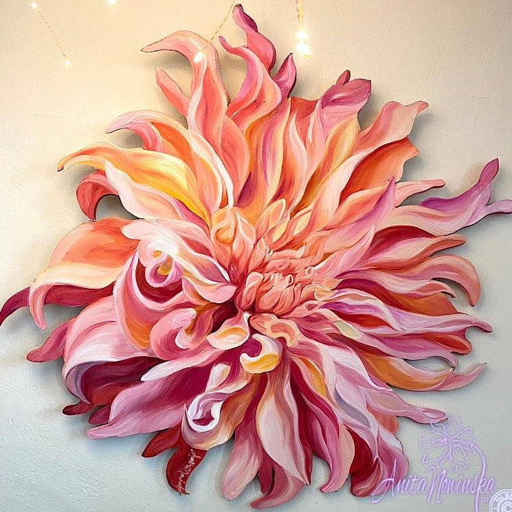 peach dahlia freeform flower painting. floral wall decor for interiors
