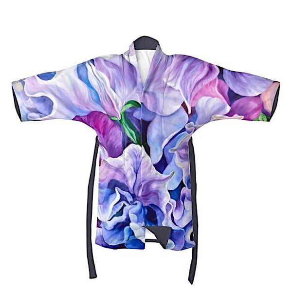 purple, lilac, sweet peas, floral fabric, silk, velvet, designer kimono, anita nowinska wearable art
