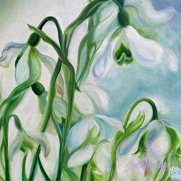rebirth- spring snowdrops, big flower painting in blue & green by anita nowinska