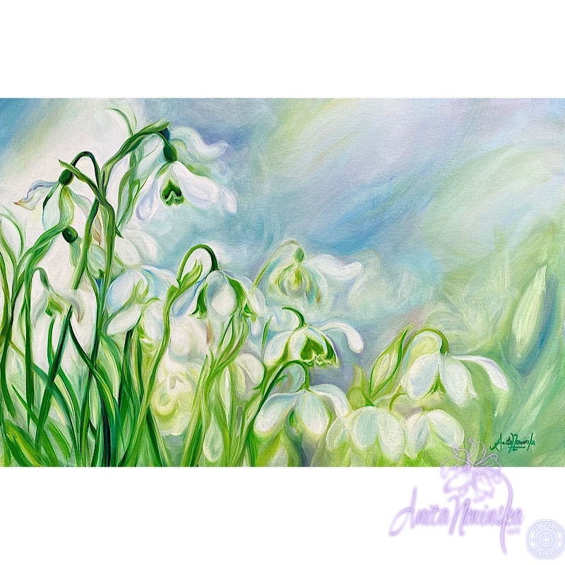 rebirth- spring snowdrops, big flower painting in blue & green by anita nowinska