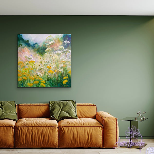 replenish- white, yellow, green garden meadow painting by anita nowinska