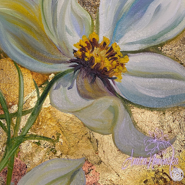 simple things- mixed media canvas of cosmos flower painting on gold leaf by anita nowinska 11.38.31.JPG