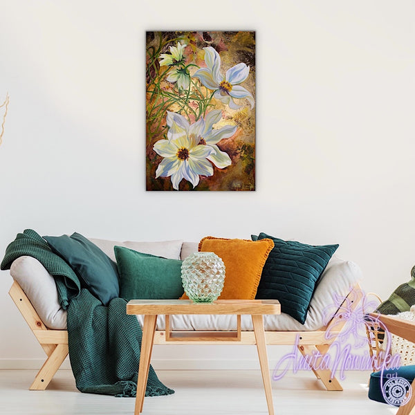 simple things- mixed media canvas of cosmos flower painting on gold leaf by anita nowinska 11.38.31.JPG