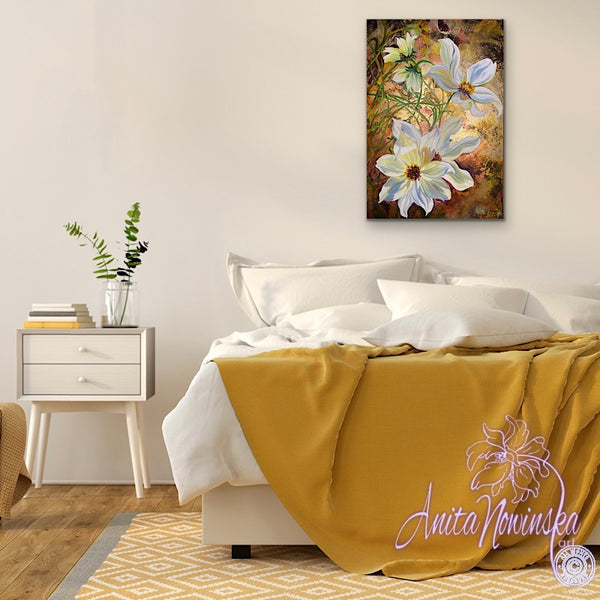 simple things- mixed media canvas of cosmos flower painting on gold leaf by anita nowinska.JPG