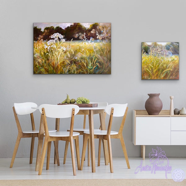 small acrylic canvas painting of golden grasses & seedheads in bright dappled sunlight by anita nowinska