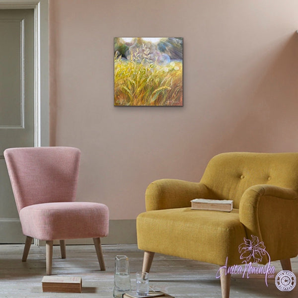small acrylic canvas painting of golden grasses & seedheads in bright dappled sunlight by anita nowinska