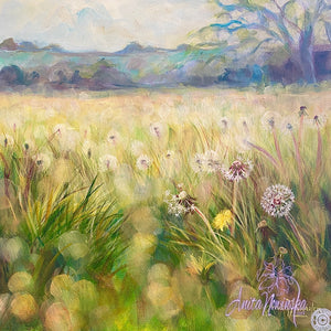 Wishes- Dandelion Meadow Painting Small Oil on Canvas