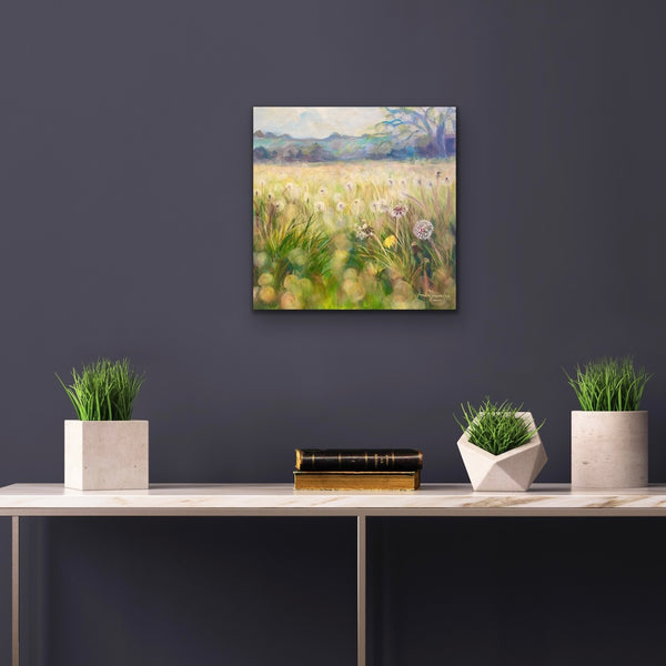Wishes- Dandelion Meadow Painting Small Oil on Canvas