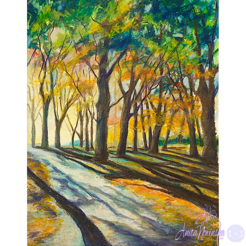MORNING STROLL,morning sunlight through woodland trees landscape painting