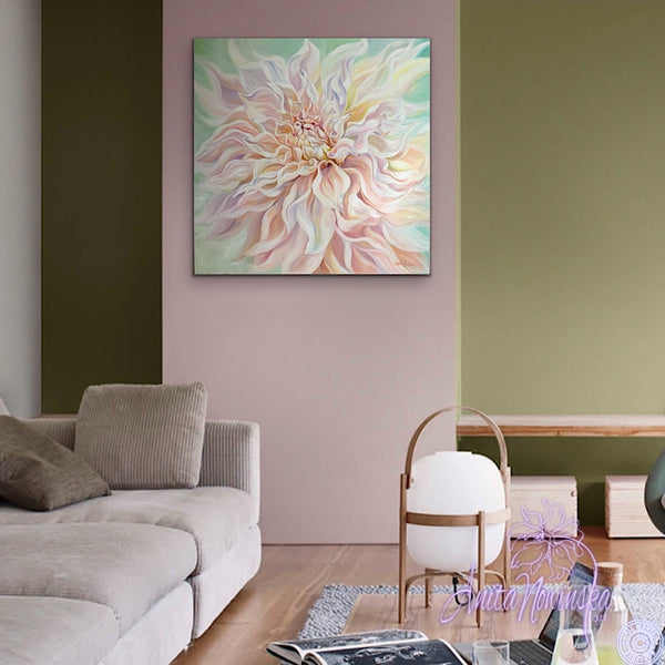 big pale pink, peach & green cafe au lait dahlia flower painting by anita nowinska