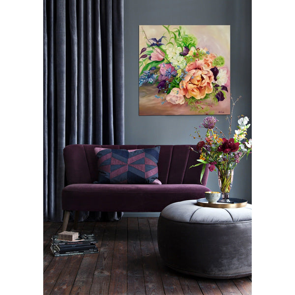 Interior decor with Wedding bouquet floral painting by Anita Nowinska. Big flower painting in oil on canvas of Spring flowers, tulip, clematis & sweet peas