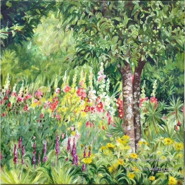 english cottage garden in summer, flower painting on canvas-anita nowinska