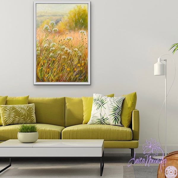 sunlit summer meadow painting acrylic on canvas anita nowinska peace gold yellow white