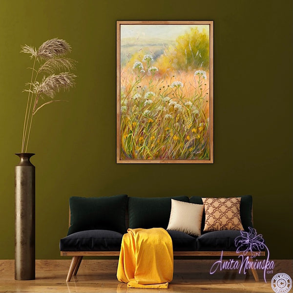 sunlit summer meadow painting acrylic on canvas anita nowinska peace gold yellow white