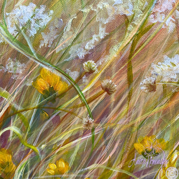 sunlit summer meadow painting acrylic on canvas anita nowinska peace gold yellow white