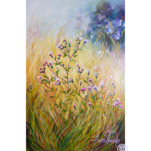 thistle meadow painting anita nowinska oil on canvas landscape, gold blue purple