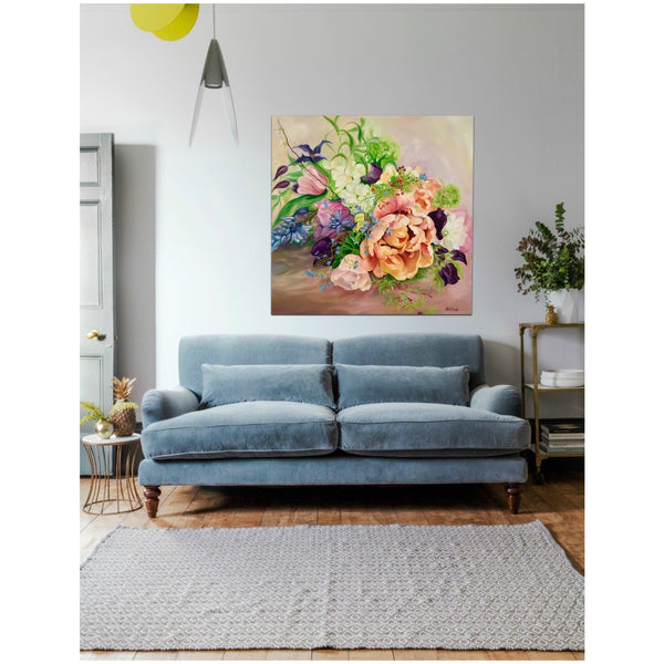 Interior with Wedding bouquet floral painting by Anita Nowinska. Big flower painting in oil on canvas of Spring flowers, tulip, clematis & sweet peas