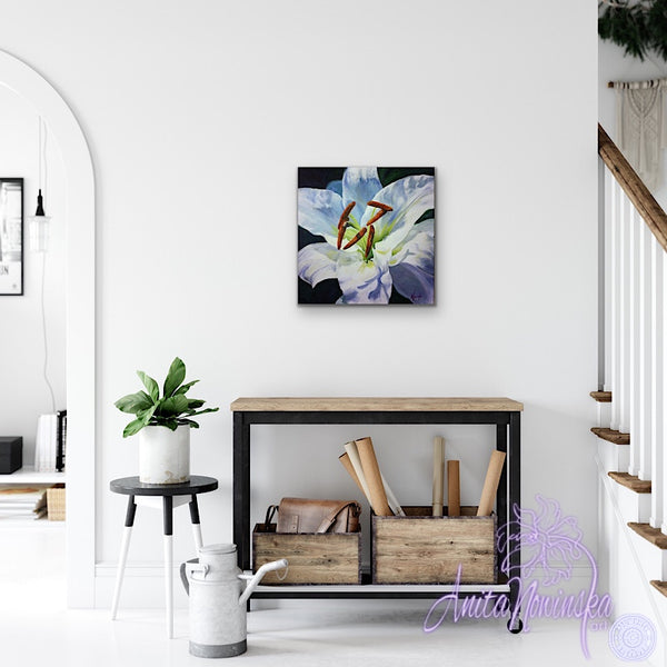 small canvas flower painting of white lily by anita nowinska