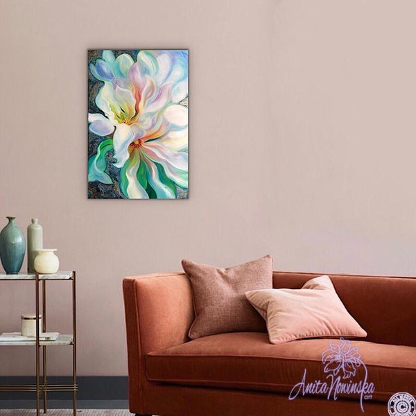 Magnolia Flower Painting in Oil on canvas in teal, white, pink, blue, wall decor