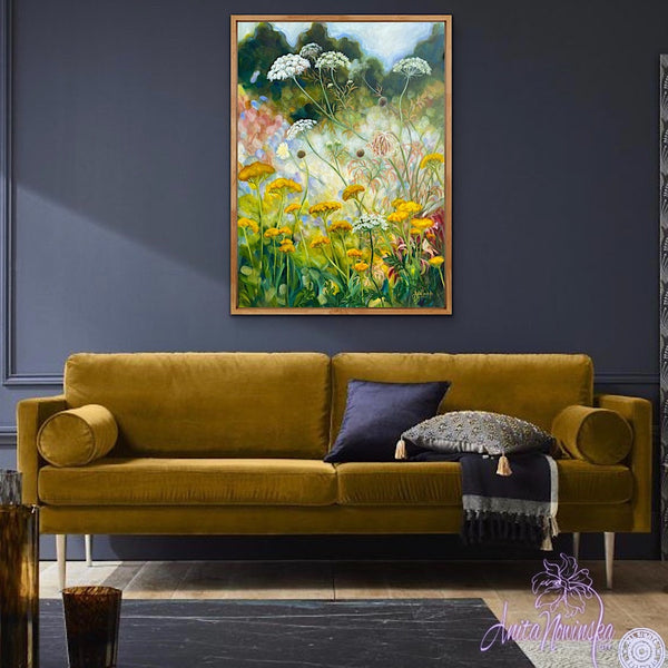 wild flower garden painting 'grwth' by anita nowinska in room with dark grey walls & gold sofa, green, yellow & blue colours