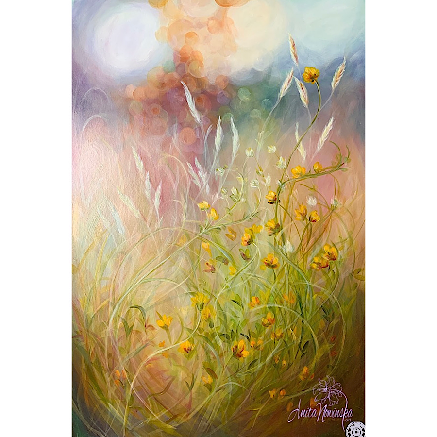 wild flower meadow paintng with buttercups & grasses by anita nowinska