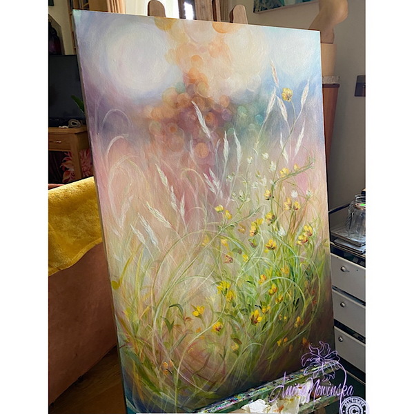 wild flower meadow paintng with buttercups & grasses by anita nowinska