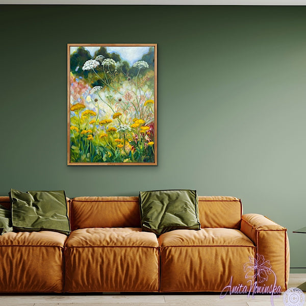 wild garden painting by anita nowinska in room with green walls, yellow, gold & white colours